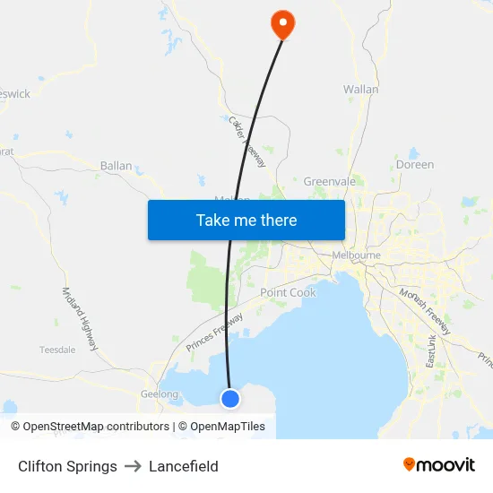 Clifton Springs to Lancefield map