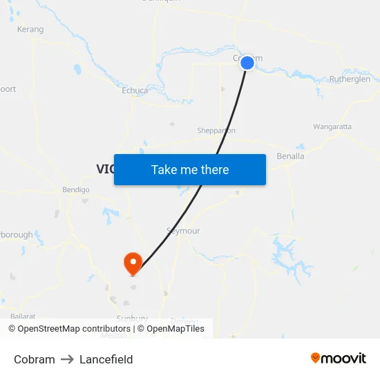 Cobram to Lancefield map