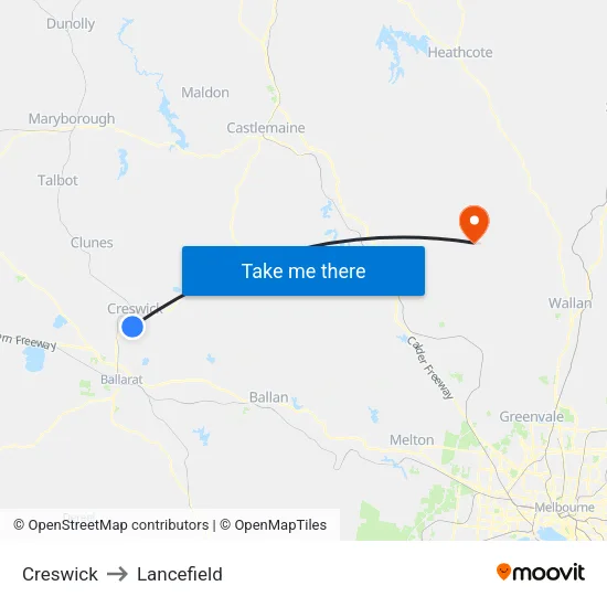 Creswick to Lancefield map