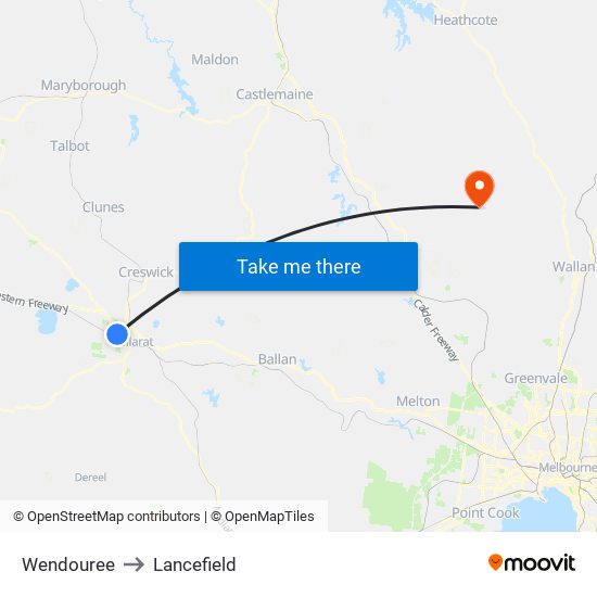 Wendouree to Lancefield map