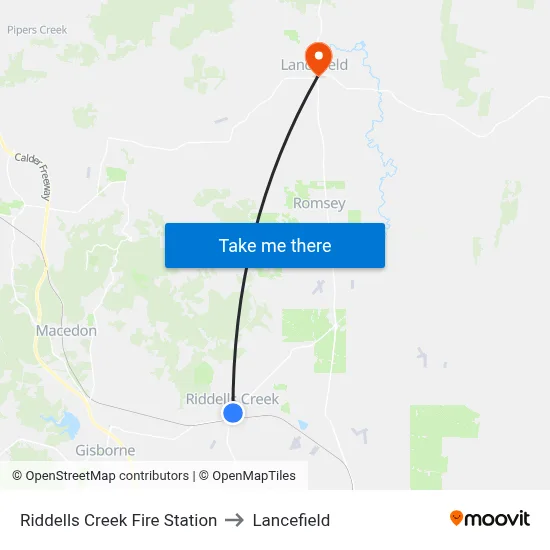 Riddells Creek Fire Station to Lancefield map