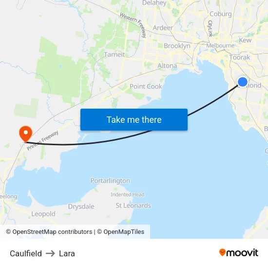 Caulfield to Lara map