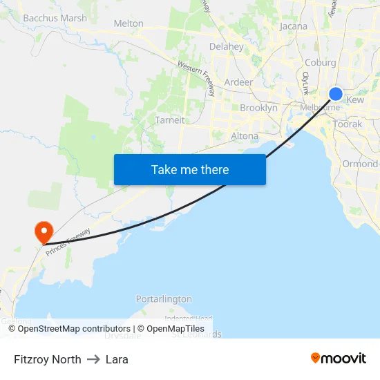 Fitzroy North to Lara map