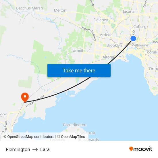 Flemington to Lara map