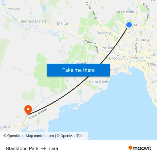 Gladstone Park to Lara map