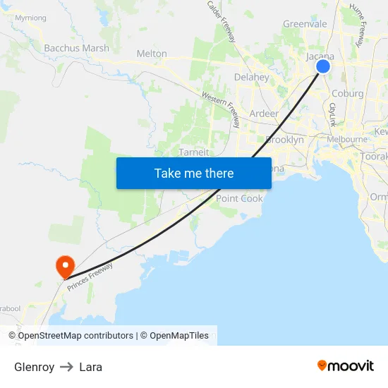 Glenroy to Lara map