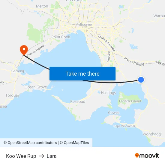 Koo Wee Rup to Lara map