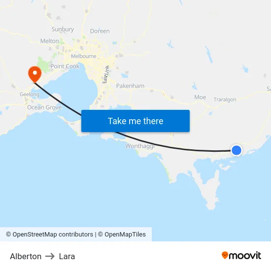 Alberton to Lara map