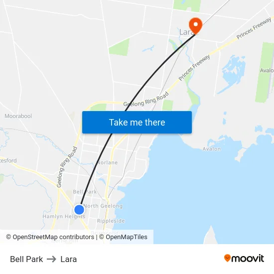 Bell Park to Lara map