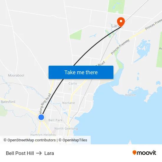 Bell Post Hill to Lara map