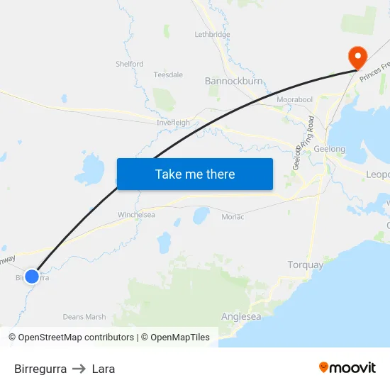 Birregurra to Lara map