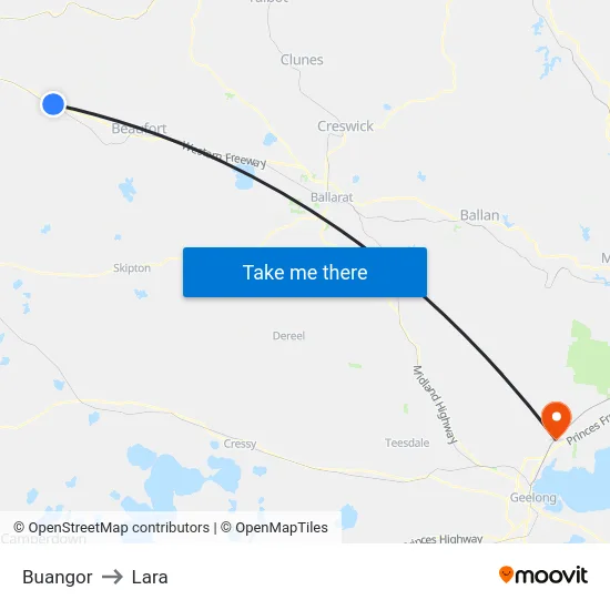 Buangor to Lara map