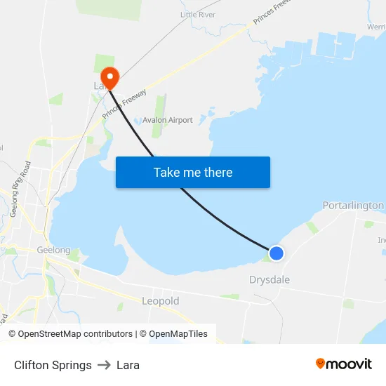 Clifton Springs to Lara map