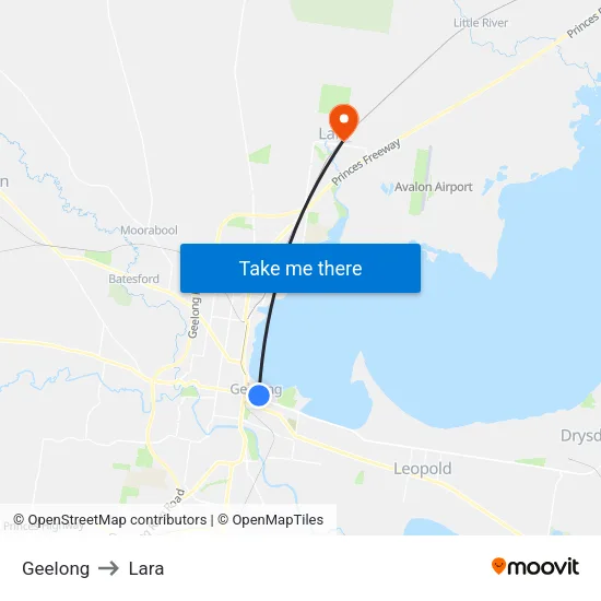 Geelong to Lara map