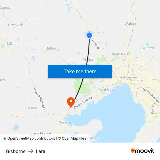 Gisborne to Lara map