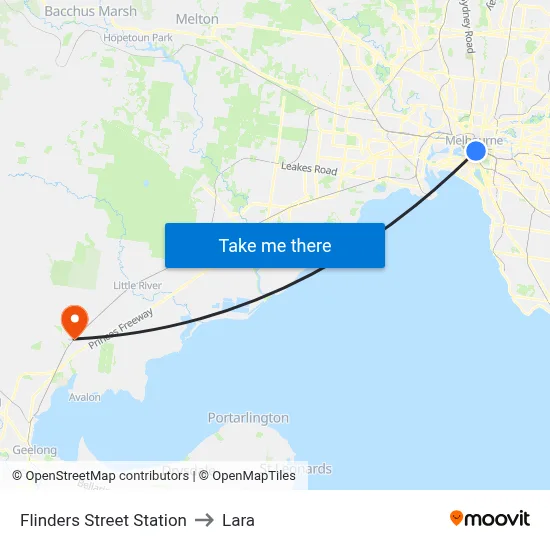 Flinders Street Station to Lara map