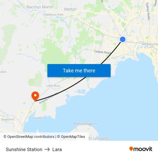 Sunshine Station to Lara map
