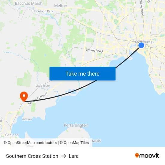 Southern Cross Station to Lara map