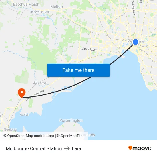 Melbourne Central Station to Lara map