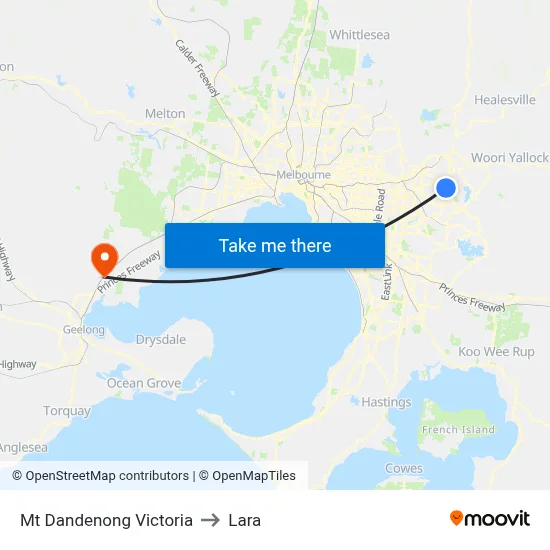 Mt Dandenong Victoria to Lara map