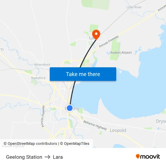 Geelong Station to Lara map