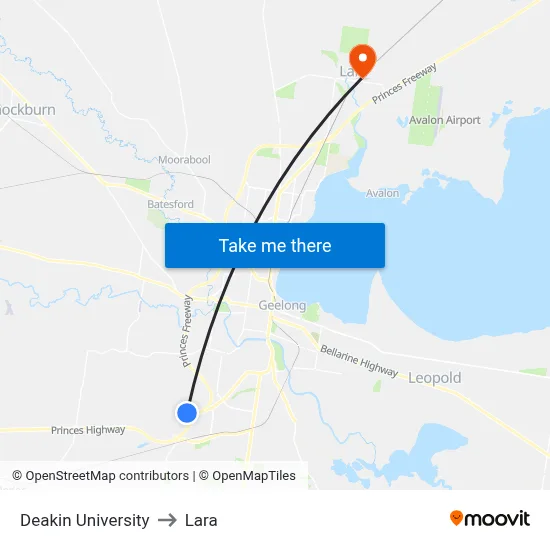 Deakin University to Lara map