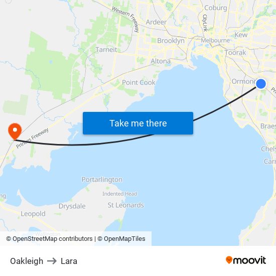 Oakleigh to Lara map