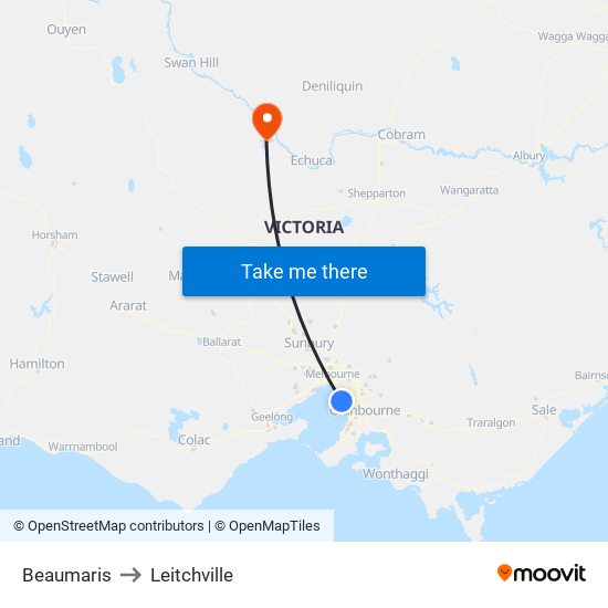 Beaumaris to Leitchville map