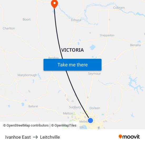 Ivanhoe East to Leitchville map