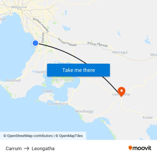 Carrum to Leongatha map