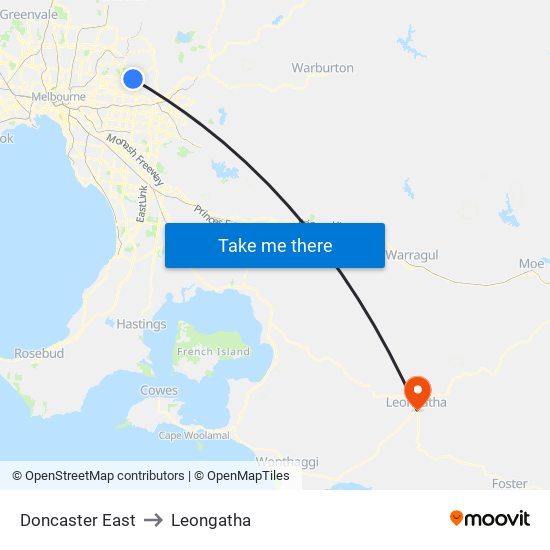 Doncaster East to Leongatha map