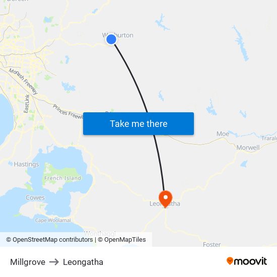 Millgrove to Leongatha map