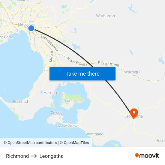 Richmond to Leongatha map