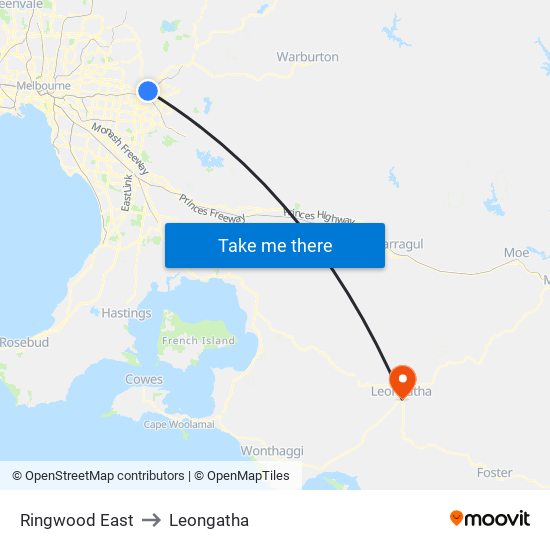 Ringwood East to Leongatha map