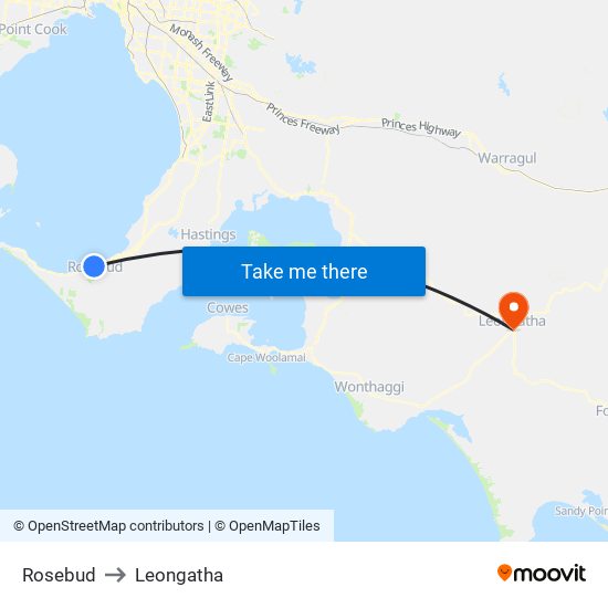 Rosebud to Leongatha map