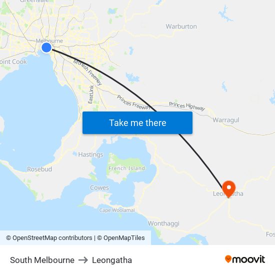 South Melbourne to Leongatha map