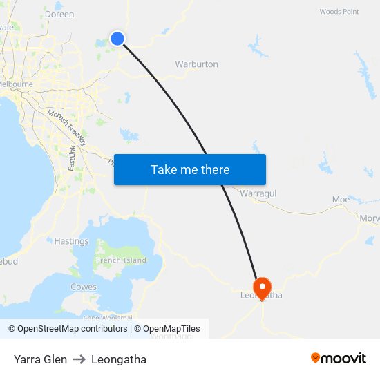 Yarra Glen to Leongatha map