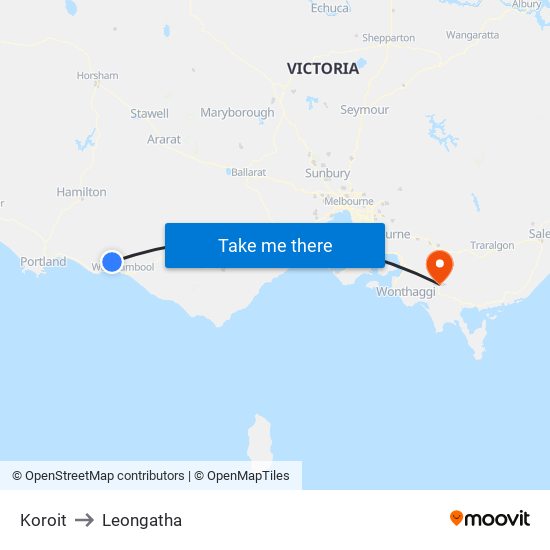 Koroit to Leongatha map