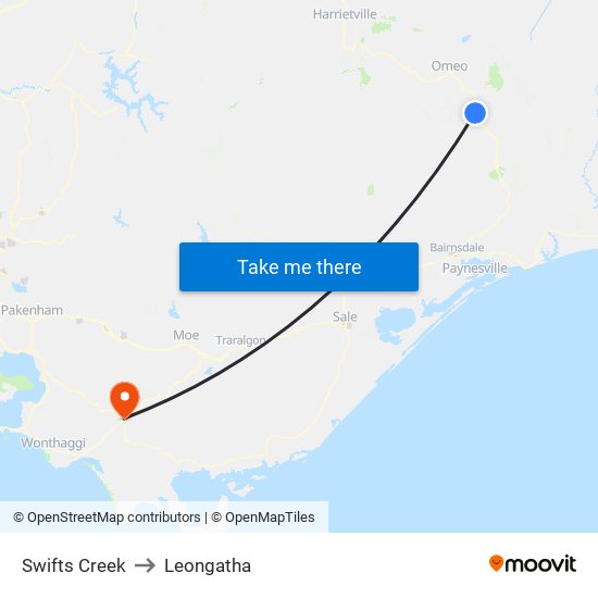 Swifts Creek to Leongatha map
