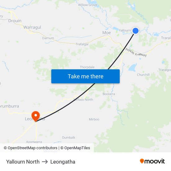 Yallourn North to Leongatha map
