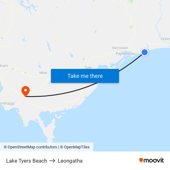 Lake Tyers Beach to Leongatha map