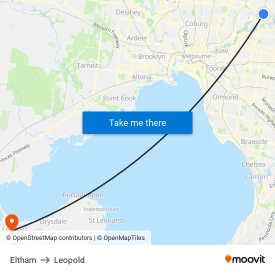 Eltham to Leopold map