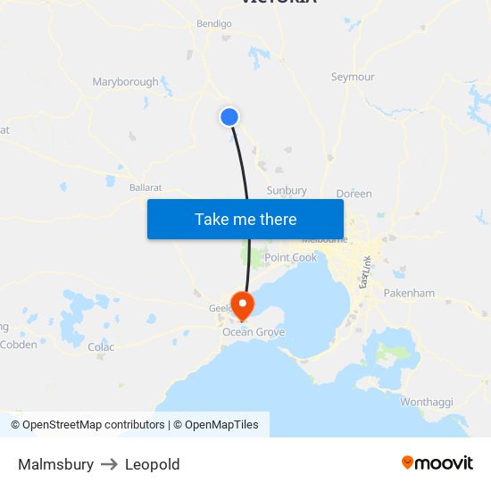 Malmsbury to Leopold map