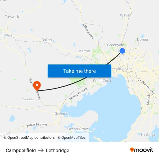 Campbellfield to Lethbridge map