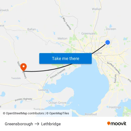 Greensborough to Lethbridge map