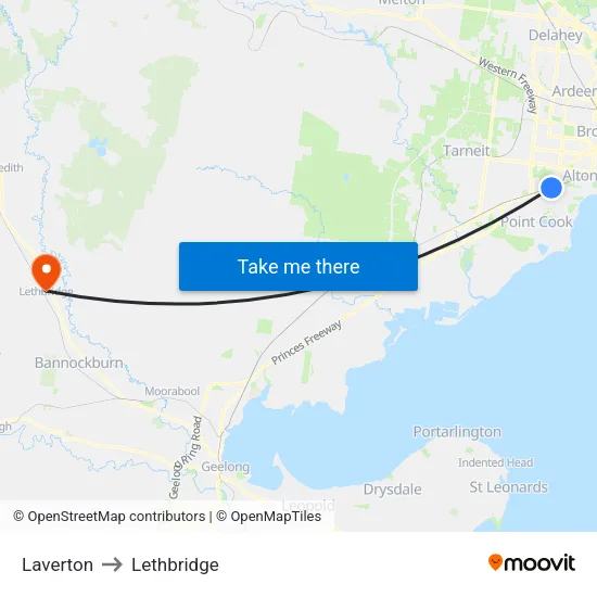 Laverton to Lethbridge map
