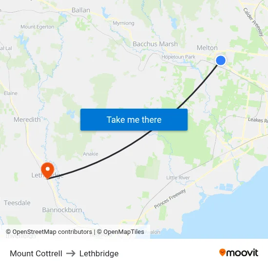Mount Cottrell to Lethbridge map