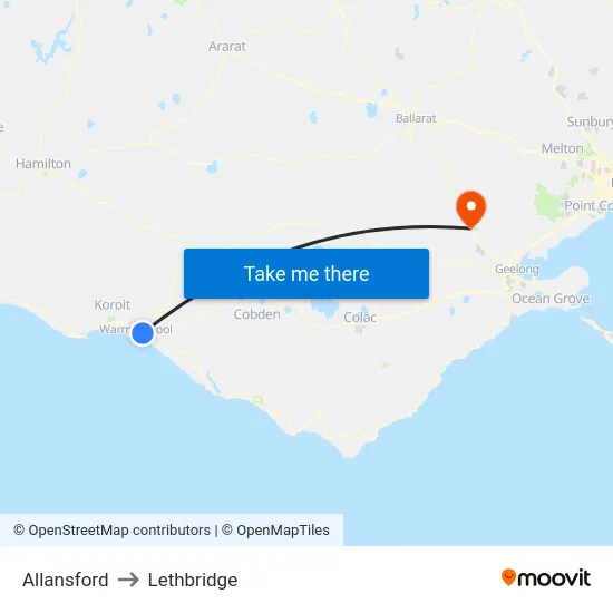 Allansford to Lethbridge map