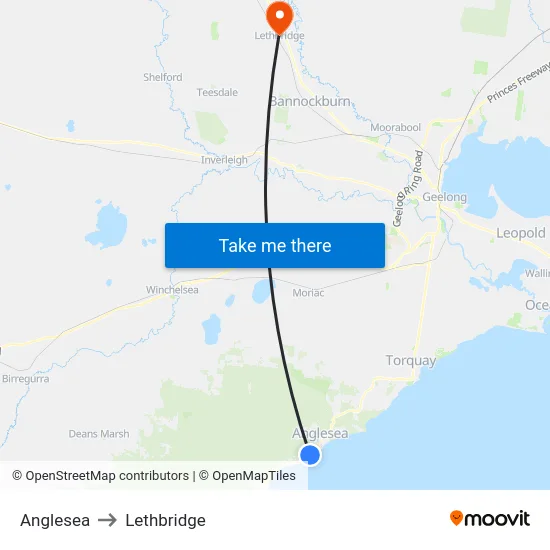 Anglesea to Lethbridge map