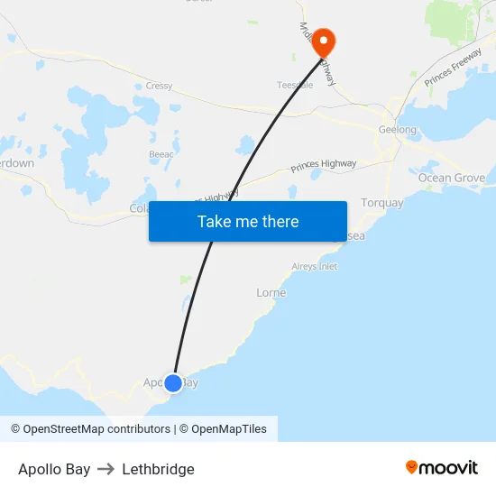 Apollo Bay to Lethbridge map